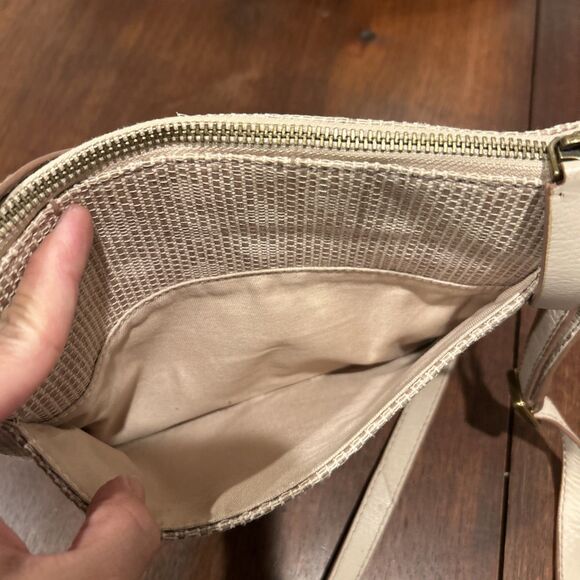 Fossil Leather Fabric Tan and Cream Crossbody Bag Zipped Pockets - Picture 11 of 16